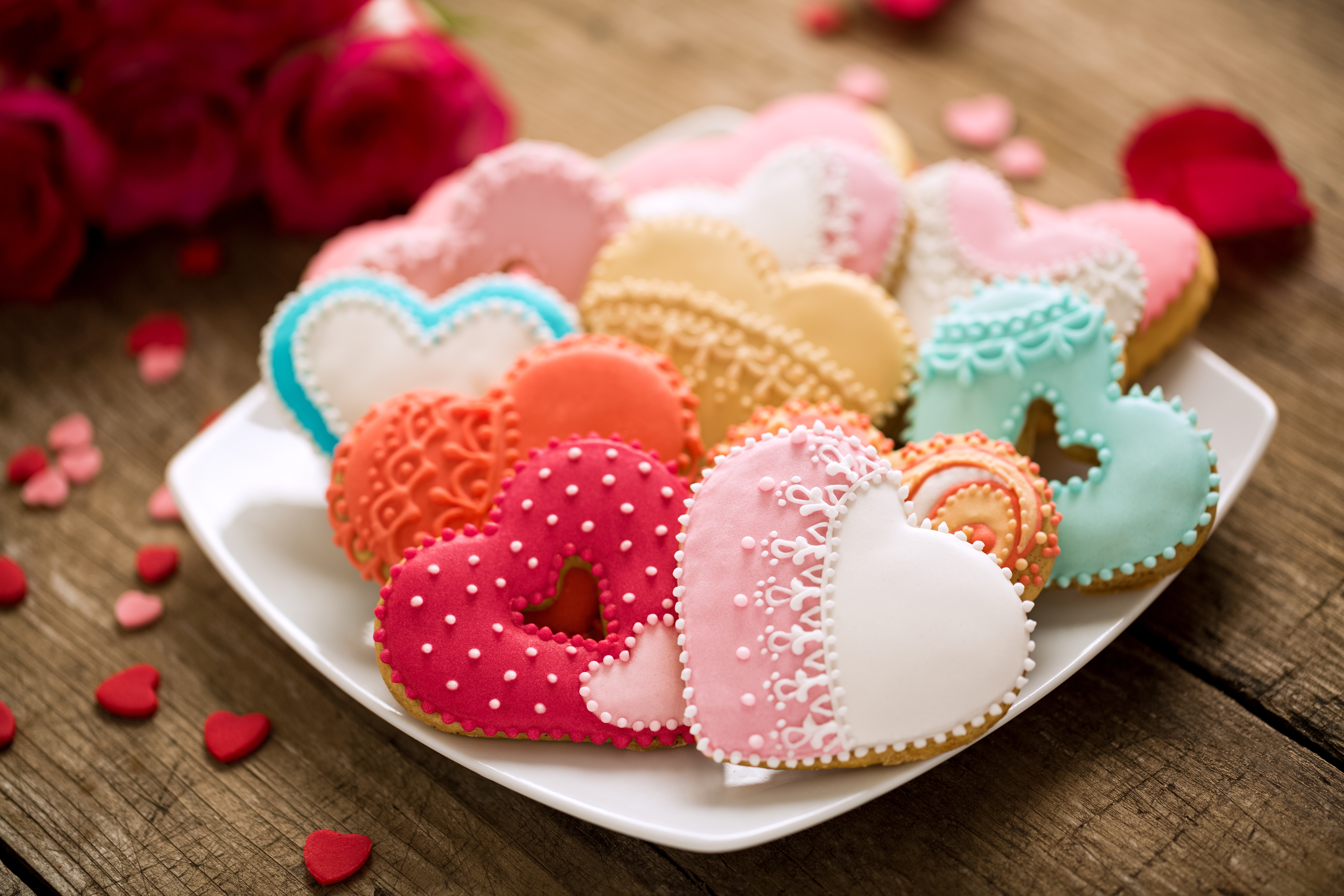 Different coloured festive cookies hearts