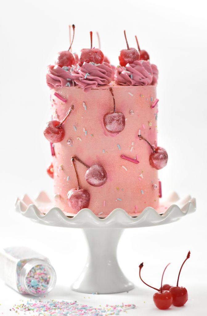 pink buttercream cherry cake