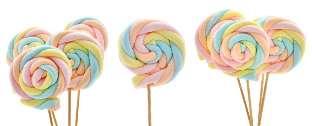 Seven pastel coloured marshmallow lollipops
