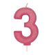 Pink Sparkle Numeral Candle - Number 3 - 70mm